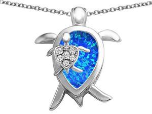 Star K Large Mother and Baby Turtle family Pendant Necklace Pear Shape Blue Created Opal and Cubic Zirconia