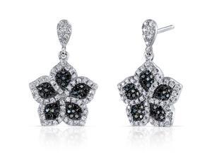 Intricate Flower Design Black and White CZ Sterling Silver Rhodium Finish Dangle Earrings Intricate Flower Design Black and White CZ Sterling Silver Rhodium Finish Dangle Earrings