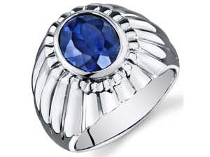 Mens Bezel Set 5.50 Carats Oval Cut Blue Sapphire Ring In Sterling Silver With Rhodium Finish Size 11, Available Sizes 8 To 13