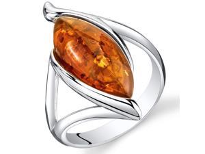 Baltic Amber Elliptical Ring Sterling Silver Cognac Color Marquise Shape, Sizes 5 through 9