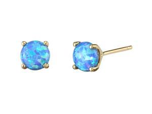 14K Yellow Gold Round Cut Created Blue Opal Stud Earrings