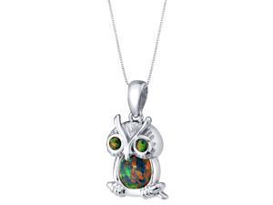 Sterling Silver Mini Owl Created Black Opal Pendant Necklace