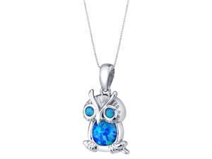 Sterling Silver Mini Owl Created Blue Opal Pendant Necklace