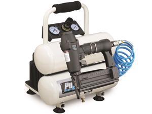 Pulsar 2 Gallon, 1/3 Hp Twin Tank, Oil Less, 100 Psi Portable Air Compressor With Six Piece Accessory Kit And Nailer/Stapler PCE6020TKN Pulsar 2 Gallon, 1/3 Hp Twin Tank, Oil Less, 100 Psi Portable Air Compressor With Six Piece Accessory Kit And Nailer/Stapler PCE6020TKN