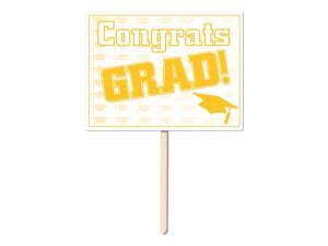 Pack of 6 Yellow and White Plastic Congrats Grad Yard Sign Decorations 15" Pack of 6 Yellow and White Plastic Congrats Grad Yard Sign Decorations 15"