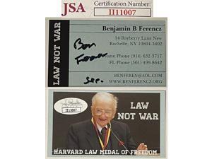 Ben/Benjamin Ferencz signed Law Not War 2x3.5 Business Card- JSA #II11007- WWII Nuremberg Trials- Courtroom Prosecutor