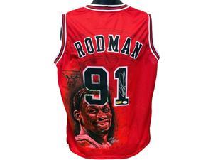 Dennis Rodman signed Chicago Hand Painted 11 Red Custom Stitched Basketball Jersey XL JSA Witnessed