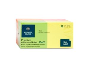 Business Source Adhesive Note Pads 3"x3" 100 Sheets 12/PK Neon 16451 Business Source Adhesive Note Pads 3"x3" 100 Sheets 12/PK Neon 16451