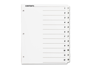 Index Dividers,w/TOC Page,1-12, 12 Tabs/ST,11"x8-1/2",White Index Dividers,w/TOC Page,1-12, 12 Tabs/ST,11"x8-1/2",White