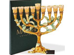 Hand Painted Enamel Menorah Candelabra with a Tree and Flower Buds Design and Embellished with Gold Accents and High Quality Crystals by Matashi
