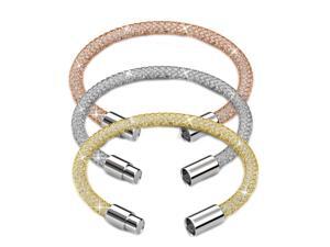 Set of Three 7.5" 18K Gold Plated Mesh Bangle Bracelet with Magnetic Clasps and High Quality Crystals by Matashi (Champagne Gold, Rose Gold and White Gold) Set of Three 7.5" 18K Gold Plated Mesh Bangle Bracelet with Magnetic Clasps and High Quality Crystals by Matashi (Champagne Gold, Rose Gold and White Gold)
