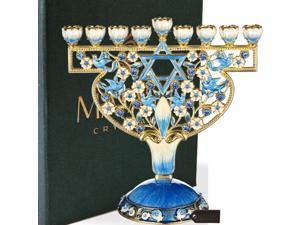 Matashi Hand Painted Enamel Menorah Candelabra with Doves & Flowers Design, Embellished with Gold Accents