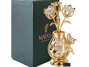 Valentine Gift - 24K Gold Plated Beautifully Crafted Tulips with Butterfly In A Vase Table Top Ornament Made with Genuine Matashi Crystals