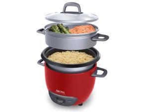 AROMA ARC-743-1NGR 3 Cups (Uncooked)/6 Cups (Cooked) Pot-Style Rice Cooker and Food Steamer, Red