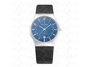 Skagen 233XXLSLN Stainless Steel Quartz Arabic Numeral Blue Dial Leather Strap Watch