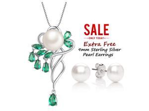 MABELLA Freshwater Cultured 10MM AAA+ White Genuine Pearl and Simulated Emerald Pendant Necklace with Free Earrings Gifts for Women - 18 "Chain, Sterling Silver