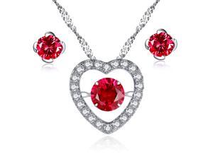Mabella Sterling Silver 0.50ct Round Cut Created Ruby Heart Shape Dancing Pendant and Earring Set