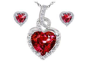 Mabella Beauty Heart Cut Created Ruby Pendant & Earring Set in Sterling Silver, 18" Chain