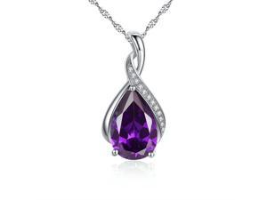 Mabella .925 Sterling Silver 3.15 Cttw (8mm*12mm) Pear Cut Created Amethyst Necklace Pendant 18" Chain