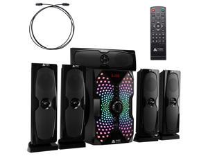 Frisby Audio 125 Watt Home Theater 5.1 Surround Sound Speaker System with Subwoofer, Bluetooth Wireless Streaming from Devices & Media Reader, RGB LED Pulse Lighting, Digital Optical Input – Black