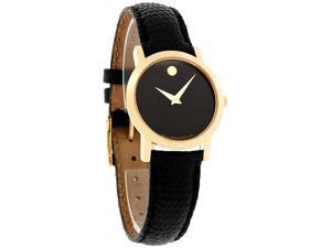 Movado 0606088 Black Dial Gold Tone Museum Genuine Leather Strap Ladies Watch with Gold Tone Hand & Signature Concave Dot