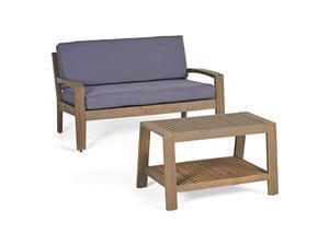 Christopher Knight Home Grenada Outdoor Acacia Wood Loveseat And Coffee Table Set With Water Resistant Cushions, Grey Finish / Dark Grey