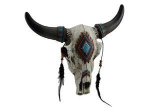 DeLeon Collections Rustic Southwest Bull Skull with Feathers, Beads & Faux Turquoise Stone - Wall Hanging