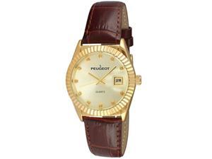 peugeot women's 14k gold plated coin edge bezel brown leather band dress watch 3045br