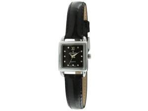 peugeot women's silver small square case crystal marker black genuine leather strap watch 3034bk