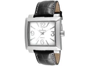 peugeot women's 706bk silvertone black leather strap watch