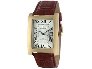 peugeot men's 'vintage rectangular' quartz metal and leather casual watch, color:brown model: 2051gbr