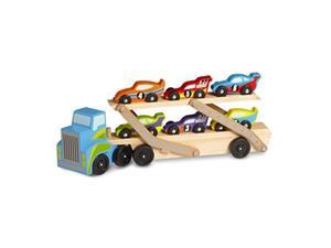 Melissa & Doug Magnetic Car Loader Wooden Toy Set With 4 Cars and 1 Semi Truck 