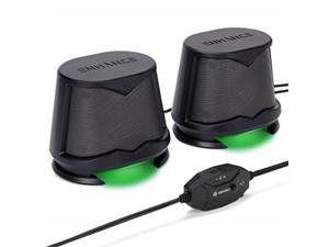 enhance sb2 computer speakers with green led glow lights and 2.0 usb powered design  10w peak sound, 3.5mm wired connection, inline volume control  compatible with gaming desktop, laptop, pc