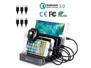 charging station with qc 3.0 quick charge, vicooda smart charging station dock & organizer for iphone, ipad, apple watch, ipod, smart phones 6 port usb charger station with charging indicator