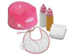 gotz basic care potty training set for baby dolls up to 16.5" includes potty, bib, diaper, milk bottle and juice bottle gotz basic care potty training set for baby dolls up to 16.5" includes potty, bib, diaper, milk bottle and juice bottle