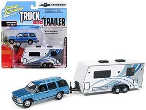 johnny lightning 1:64 truck and trailer chevrolet tahoe with camper die cast vehicle, blue/white johnny lightning 1:64 truck and trailer chevrolet tahoe with camper die cast vehicle, blue/white
