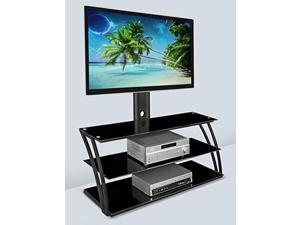 mountit! tv stand with mount and storage shelves, entertainment center fits 32 to 60 inch screens, vesa 100x100 to 600x400, glass shelving, 88 lbs, black mi864