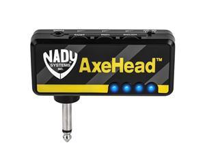 nady axehead miniature headphone guitar amplifier  builtin amp simulation with gain, tone and volume controls  includes headphones splitter, 3.5mm audio cable, and usb charging cable