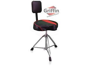 Saddle Drum Throne with Backrest Support by GRIFFIN | Padded Leather Drummer Motorcycle Biker Style Seat | Swivel Adjustable Height Music Drum Chair | Musicians Guitar Stool | Percussion Tractor Top