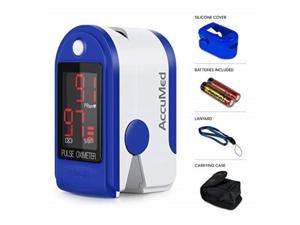 accumed cms50dl fingertip pulse oximeter blood oxygen spo2 sports and aviation fingertip monitor w/carrying case, lanyard silicon case & battery blue