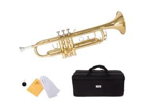 mendini by cecilio gold trumpet brass standard bb trumpet, student beginner with hard case, gloves, 7c mouthpiece, and valve oil