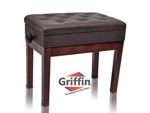Adjustable Piano Brown PU Leather Bench by GRIFFIN | Vintage Stylish Design, Heavy-Duty & Ergonomic Keyboard Stool | Comfortable Seat & Convenient Hidden Storage Space Perfect For Home & Professional
