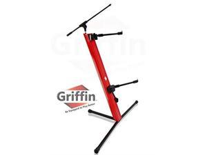 2-Tier Column Keyboard Stand with Mic Boom Arm by GRIFFIN | Double Sliding Multi Mounting Platform Red Stage Tower Rack | Holder for Digital Piano, Turntable, DJ Audio Gear, Studio Laptop Synthesizer