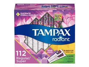 tampax radiant plastic tampons, regular/super absorbency duopack, unscented, 28 count pack of 4 112 count total packaging may vary tampax radiant plastic tampons, regular/super absorbency duopack, unscented, 28 count pack of 4 112 count total packaging may vary