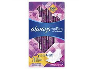 always radiant feminine pads for women, size 1, regular absorbency, light clean scent, 30 count