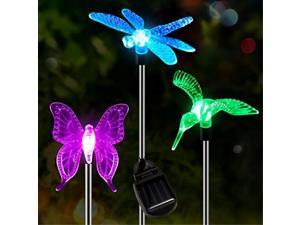 oxyled solar garden lights, 3 pack solar garden stake light, multicolor changing solar powered decorative landscape lighting hummingbird butterfly dragonfly for outdoor path, yard, lawn, patio