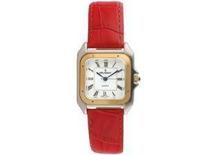 peugeot women twotone tank shape dress watch with designer leather wrist band, red