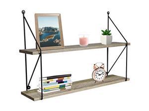 sorbus floating shelf with metal brackets  wall mounted rustic wood wall storage, decorative hanging display for trophy, photo frames, collectibles, and much more 2tier  grey