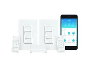 lutron caseta smart start kit, dimmer switch 2 count with smart bridge and pico remotes, works with alexa, apple homekit, and the google assistant | pbdgpkg2wa | white