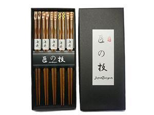 japanbargain 4515, bamboo chopsticks reusable japanese chinese korean wood chop sticks hair sticks 5 pair gift boxed set dishwasher safe, 9 inch, brown